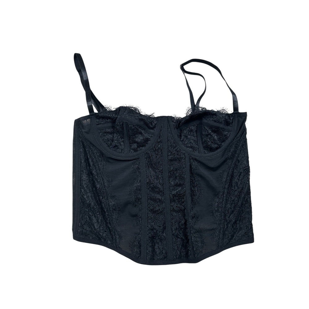 Lace Bustier Corset Top M Black Underwire Eyelash Trim Goth Coquette Edgy Grunge